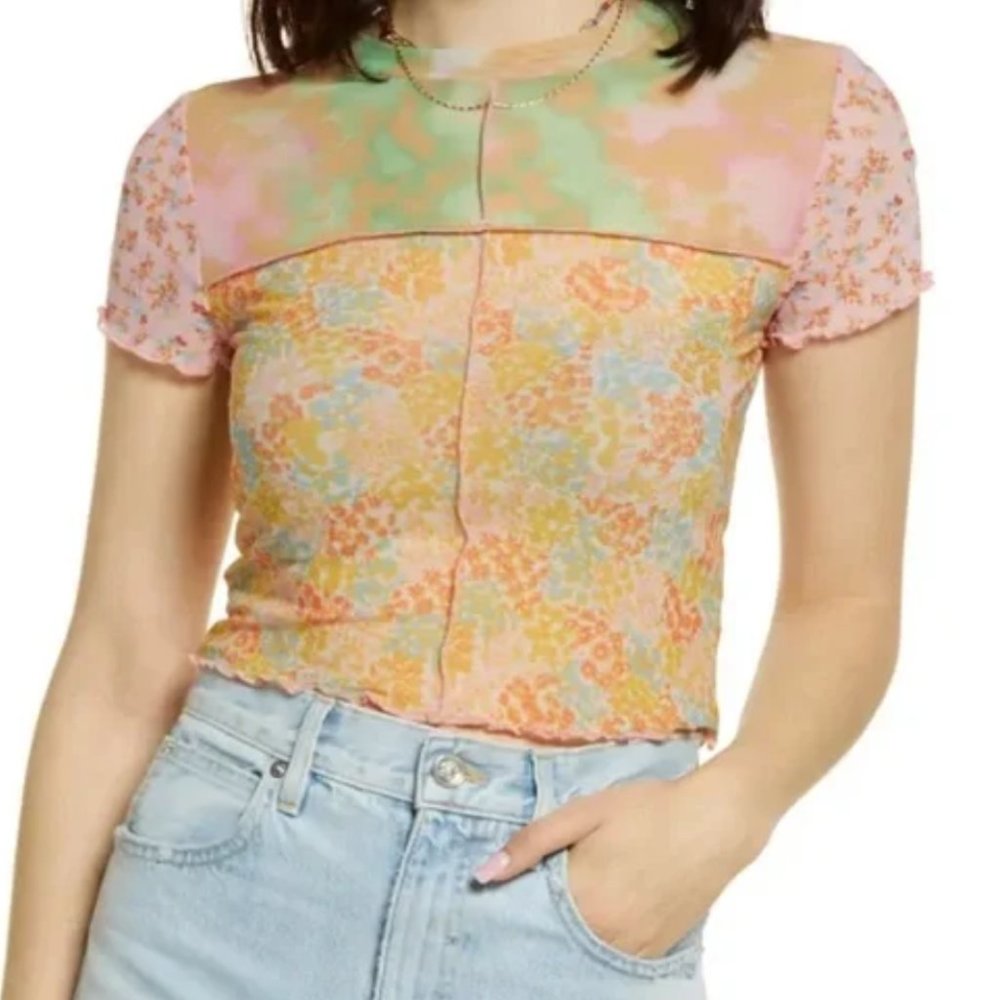 NWT BP Patchwork Sheer Mesh Top Lettuce Edge XS